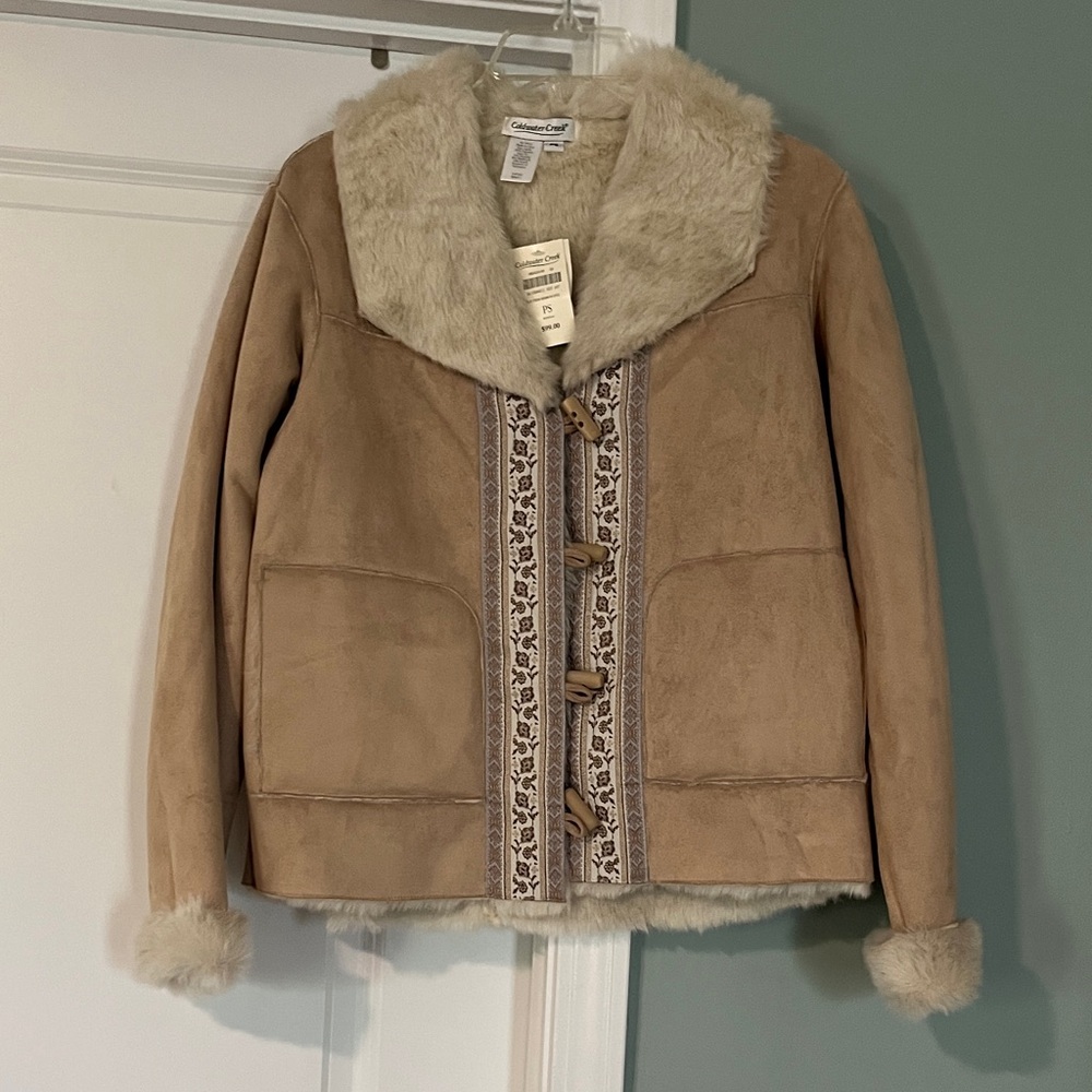 Calvin Klein Beige Faux Suede Teddy Jacket with Fur Trim